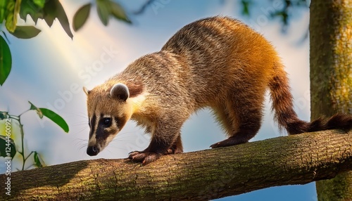 Striking BrownNosed Coati Perched on Branch Amidst Tropical Rainforest Canopy, Showcasing Agile Grace and Inquisitive Nature in the Lush Greenery of a Diverse Ecosystem photo