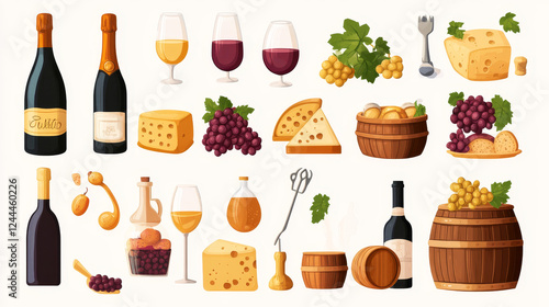 Wine bottle and winery barrel vector icons. Alcohol drinks of grape fruit, wine glasses, champagne and corkscrew, vineyard with grape vines, cheese and bread snack food. Winehouse emblems design photo