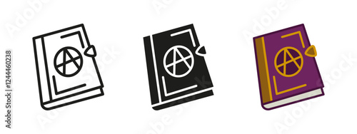 Spell book icon. Magic book vector illustration. Alchemist mystery manual symbol. Occult witchcraft fantasy book sign. Sorcerer, witch. warlock and wizard pictogram. Magician grimoire or necronomicon.