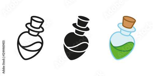 Magic elixir icon. Poison potion vector illustration. Magic flask symbol. Chemical spell phial sign. Green alchemy vial pictogram. Laboratory experiment isolated outline, black and colored concept.