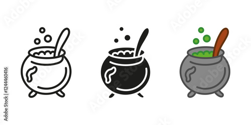 Witch cauldron icon. Cooking pot with boiling elixir vector illustration. Halloween magic kettle symbol. Witchcraft poison potion preparation sign. Vintage iron spell cauldron with bubbles pictogram.