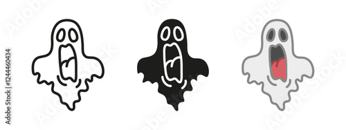 Screaming ghost icon. Horror spirit vector illustration. Creepy spook symbol. Fear sign. Phantom apparition pictogram. Cartoon halloween character isolated concept. BOO ghostly silhouette.