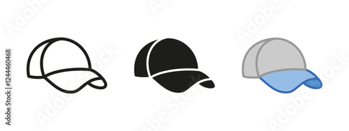 Baseball cap icon. Hat with visor peak symbol. Baseball cap vector illustration. Head clothing sign. Headwear clothes pictogram. Sport baseball cap isolated outline, black and colored blue concept.