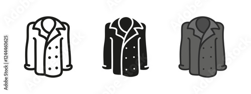 Trench coat icon. Winter cloak vector illustration. Overcoat symbol. Raincoat sign. Cape jacket pictogram. Classic stylish outwear clothing. Men's clothes apparel. Long leather black coat with buttons