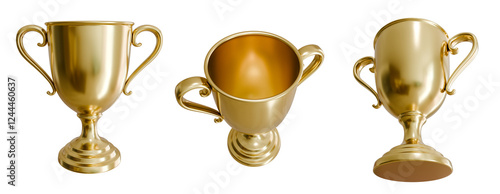 Golden trophy cup, competition, transparent background, 3D