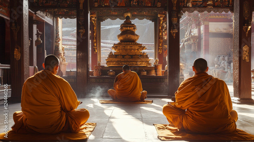 Buddhist shrines. Vector posters with Buddha and Tibet monk meditate sitting in lotus yoga pose on background with stupa and bell. Buddhism asian religion spiritual culture or tradition attributes photo