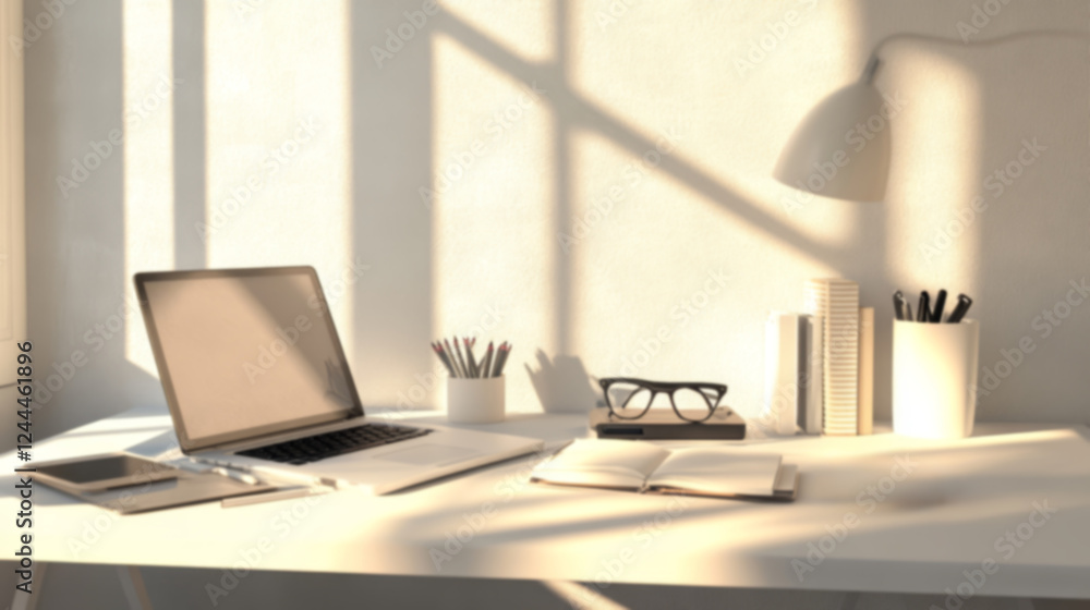 Beautiful blurred background of a modern desktop with a laptop, smartphone, headphones, notepad for working in a home office.. Beautiful blurred background of a modern desktop with a laptop, smartphone, headphones, notepad for working in a home office..