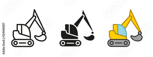 Crawler excavator icon. Forklift loader vector illustration. Digging machine symbol. Construction industrial heavy machinery equipment. Hydraulic scoop sign. Mini excavate pictogram. Excavator concept