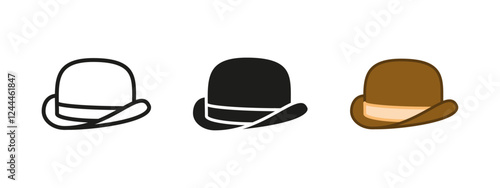 Bowler hat icon. Derby hat vector illustration. Round gentleman vintage accessory symbol. Retro men's headwear sign. Classic man headgear silhouette. Cowboy closing pictogram isolated.