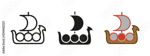 Sailing ship icon. Viking's boat with shields illustration. Barbarian warship. Medieval sailboat sign. Galleon or frigate pictogram. Nordic longship. Drakkar, galley, trireme or caravel concept.