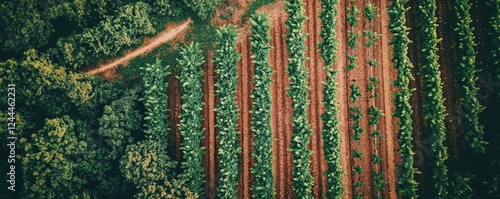 Aerial shot of lush green farm fields with neat rows.
