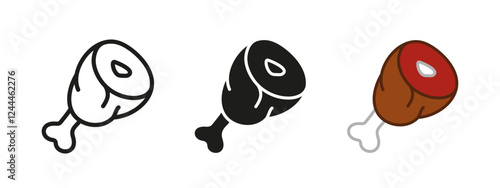 Meat icon. Ham with bone vector illustration. Pork leg and raw beef sign. Flesh chop tenderloin pictogram. Uncooked shank steak isolated concept. Butcher logo. Protein symbol. Meat chop silhouette.