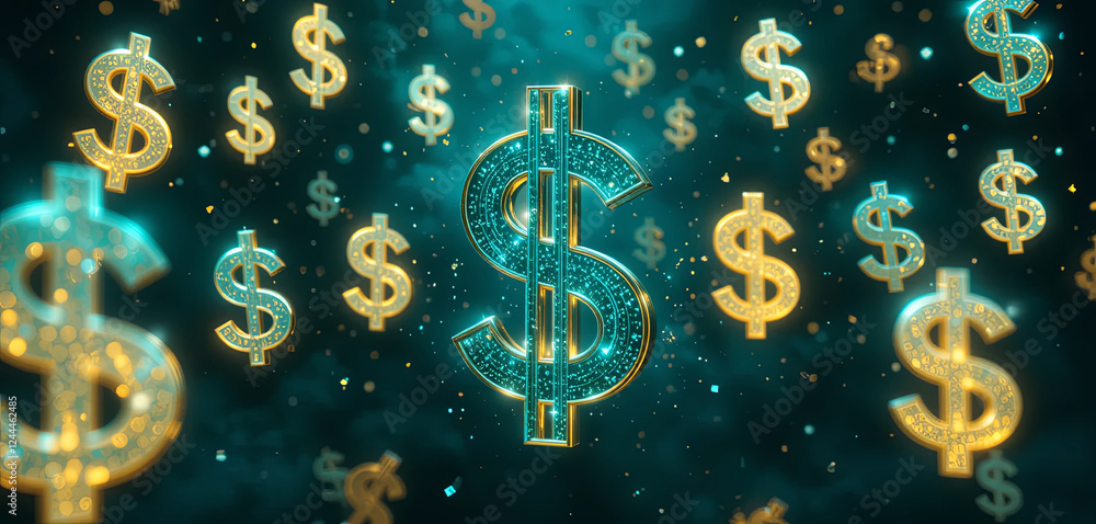 Golden dollar signs float in a dynamic and colorful atmosphere, symbolizing wealth and abundance in a visually stunning way. This representation highlights financial success