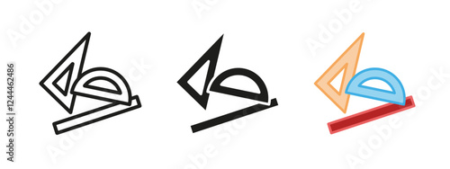 Geometric drafting icon. School stationery vector illustration. Geometry class symbol. Triangular ruler and protractor sign. Education and study pictogram. Architectural and engineering equipment.