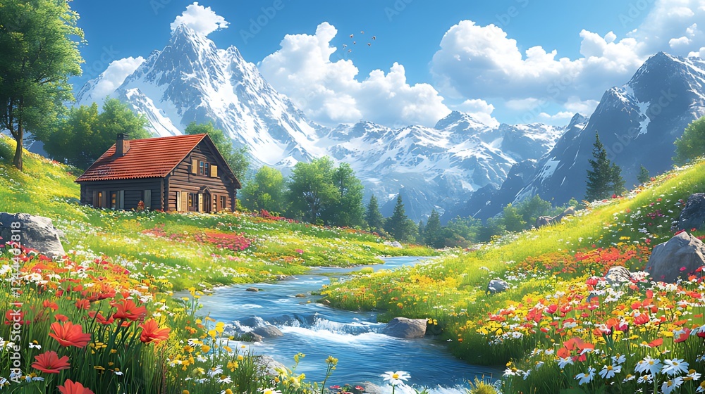 Naklejka premium Mountain chalet, spring meadow, stream, idyllic landscape, travel brochure