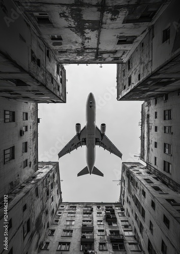 Airplane flying between skyscrapers in the city