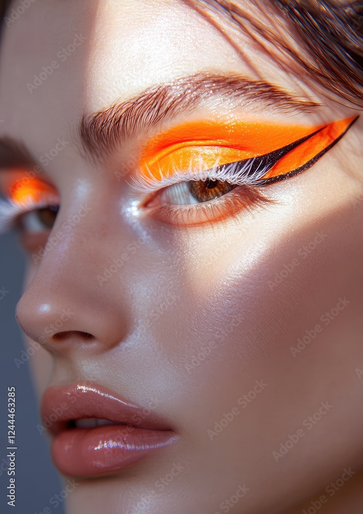 Fototapeta premium Model with vibrant makeup accentuating her freckled face