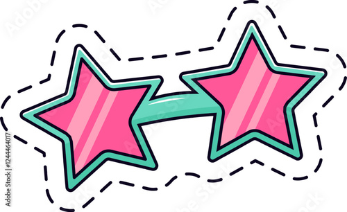 Pink star shaped sunglasses with turquoise frame on white background representing summer, fun, fashion, and a playful attitude, perfect for party accessories or trendy eyewear
