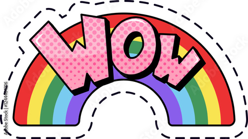 Bright pink wow pop art lettering set against a vibrant rainbow, surrounded by a dotted background and bordered with playful dotted lines, capturing feelings of surprise and amazement