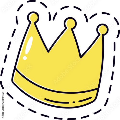 Cartoon golden crown symbolizing royalty, leadership, achievement, and success, adorned with a dotted line, featuring a simple and charming design perfect for various themes