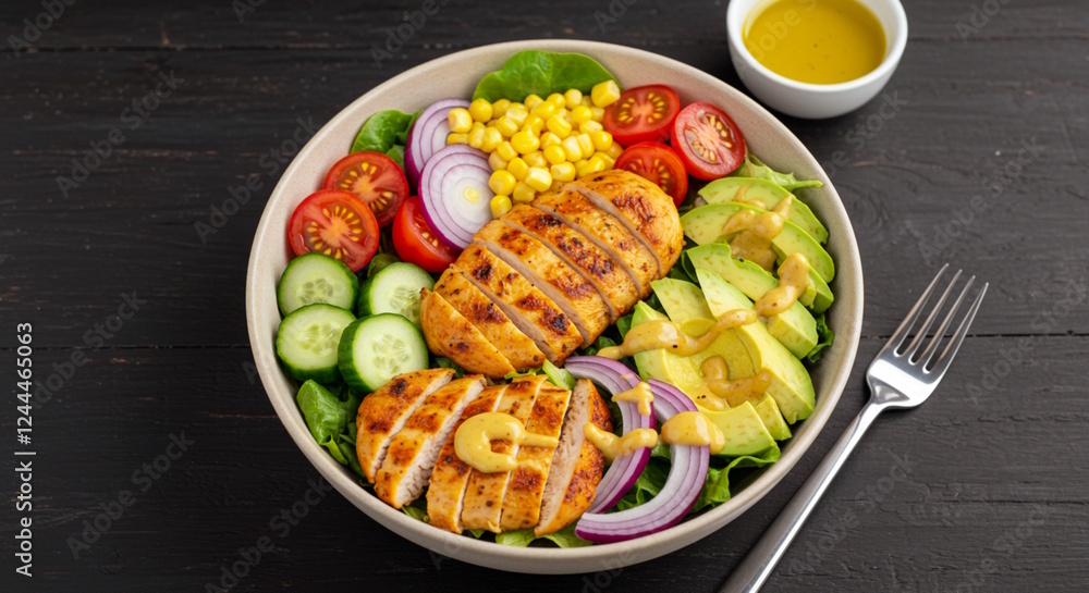 grilled chicken salad bowl with tomato, cucumber, corn, onion, avocado, top view grilled chicken salad bowl with tomato, cucumber, corn, onion, avocado, top view