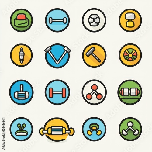 Icon set related to fitness gyms and sports featuring symbols like weights, exercise, and wellness