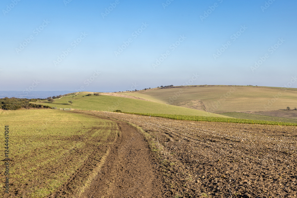 A view along a pathway on Ditchling Beacon in Sussex on a sunny winter's day A view along a pathway on Ditchling Beacon in Sussex on a sunny winter's day