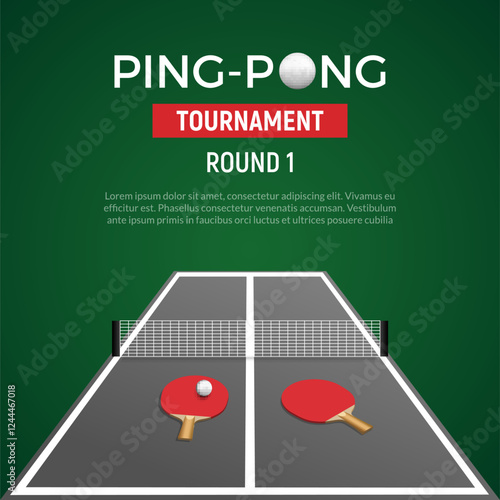 Ping pont tennis tournament poster background. Ping pong table with ball racket championship green illustration