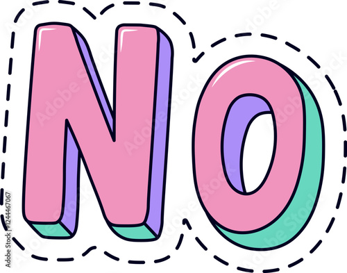 Pink and purple word no with a turquoise outline and a dashed line around it expressing disagreement. Negation. Refusal. Or disapproval. Useful for stickers. Patches. Or other graphic design purposes