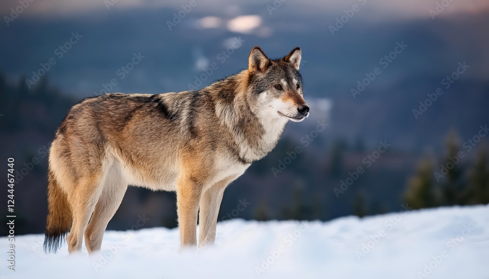 Naklejka premium Wild and Majestic Gray Wolf Standing Alone amidst the Tranquil SnowCovered Winter Landscape, Capturing a Moment of Solitude in the Frozen Wilderness