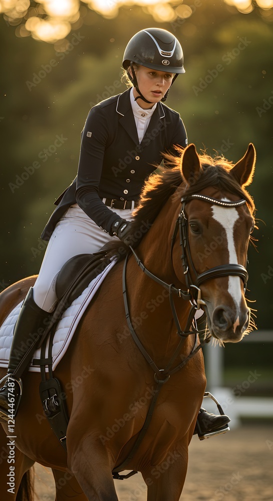Fototapeta premium Young woman in professional equestrian outfit riding brown horse during sunset dressage training. Competitive horseback riding sport in classical English style with golden backlight