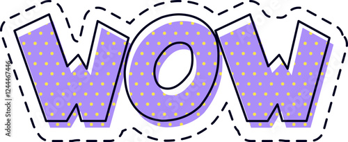 Purple wow lettering with yellow polka dots and dashed border is expressing positive feedback, surprise, and great admiration on a white background