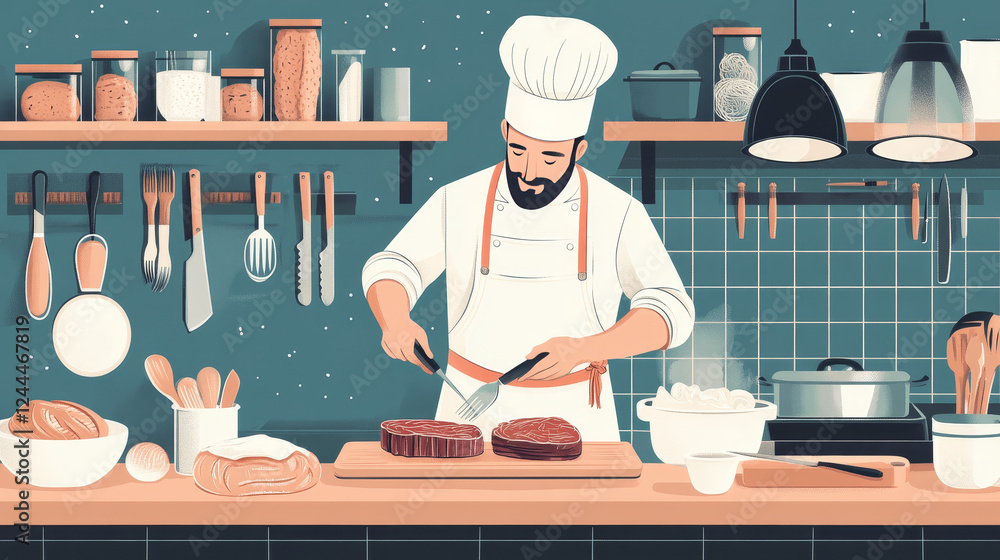 Cook or chef profession flat concept with man in toque and tunic with bread, beef steak, pot with ladle, tiered cake, sliced fresh vegetables, chopping board with knives, whisk and fork Cook or chef profession flat concept with man in toque and tunic with bread, beef steak, pot with ladle, tiered cake, sliced fresh vegetables, chopping board with knives, whisk and fork