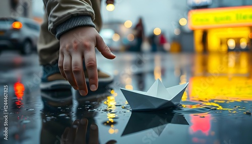 Close-up of a child's hand, a young Caucasian boy, gently placing a paper boat on rainwater puddle with raindrops