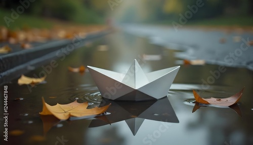 A paper boat floating on a puddle of rainwater, surrounded by fallen leaves