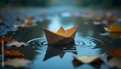 A paper boat floating on a puddle of rainwater, surrounded by fallen leaves, with raindrops creating ripples in the water