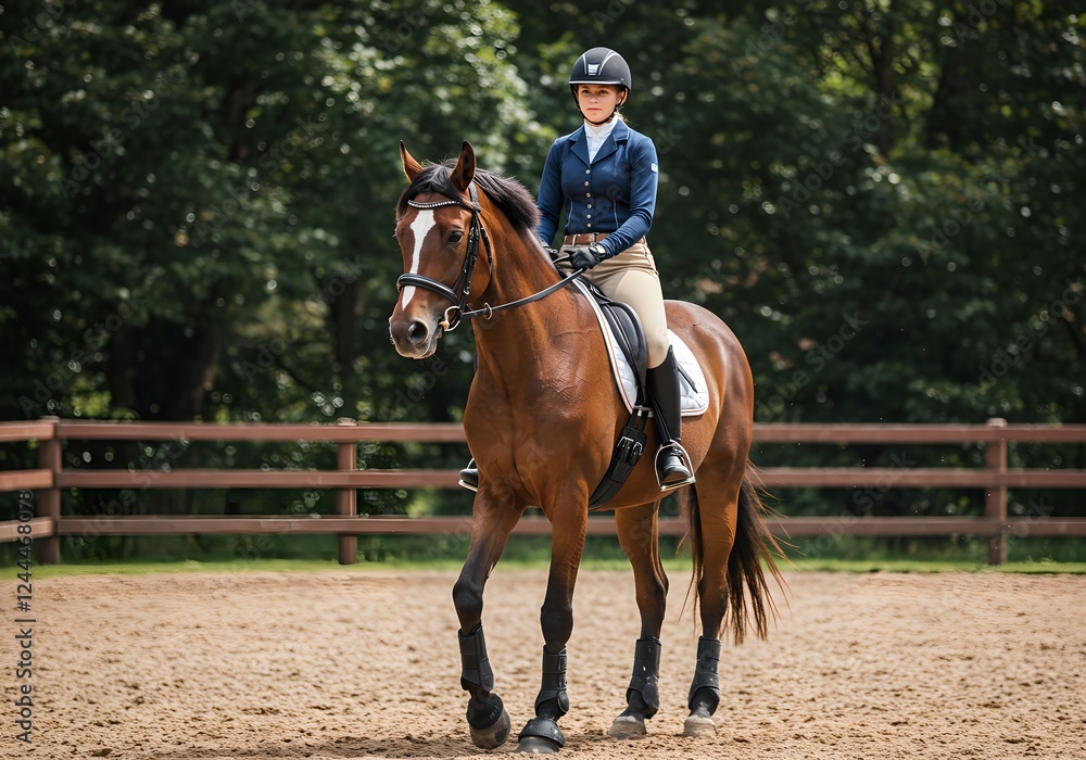 Woman rider in blue jacket and beige breeches practicing dressage on brown horse in outdoor sandy arena. Professional equestrian sport training showing formal horseback riding attire and equipment Woman rider in blue jacket and beige breeches practicing dressage on brown horse in outdoor sandy arena. Professional equestrian sport training showing formal horseback riding attire and equipment
