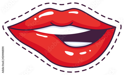 Cartoon drawing of red lips slightly open, biting lower lip with teeth slightly showing, surrounded by a dotted line, isolated on white background