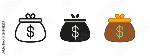 Coin wallet icon. Change purse vector illustration. Money bag symbol. Cash sack with dollar sign. Pocket coin wallet pictogram. Financial credit and economy concept outline, black and colored isolated