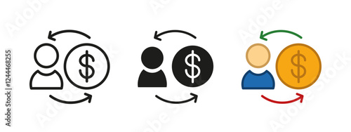 Money exchange icon. Person making a transaction with coin and two direction arrows vector illustration. Trader man symbol. Financial deal sign. Banking transfer pictogram. Cash transaction concept.