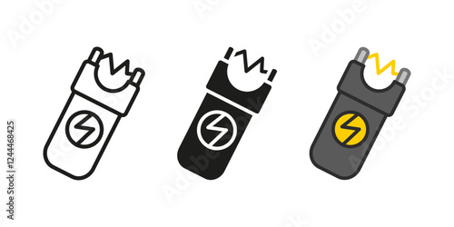 Stun gun icon. Electric shock vector illustration. Shocker symbol. Self defense weapon sign. Police enforcement pictogram. Security tactical charger concept isolated.