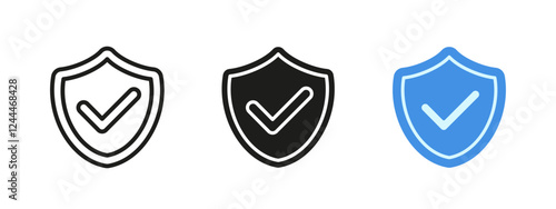 Shield with checkmark icon. Warranty and guarantee vector illustration. Security and protection symbol. Guard and defense sign. Firewall emblem. Network privacy safeguard pictogram. Shield checkmark.