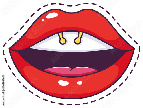 Wallpaper Mural Cartoon illustration of red female lips with a smiley piercing showing white teeth and pink tongue, isolated on white background with dashed outline Torontodigital.ca