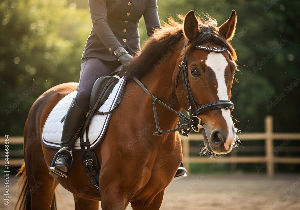 Elegant dressage horse with rider in formal equestrian outfit during sunset training session at outdoor arena. Close-up of brown horse. Professional sport concept Elegant dressage horse with rider in formal equestrian outfit during sunset training session at outdoor arena. Close-up of brown horse. Professional sport concept