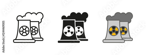 Nuclear power plant icon. Industrial energy vector illustration. Atomic reactor station symbol. Radiation hazard warning sign. Electricity generation concept. Cooling tower pollution graphic.