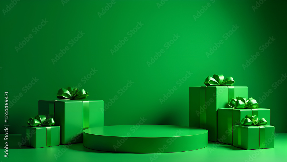 Happy saint patpick's day background with cylindrical podium for promotion. Round stage for product sales presentation. Stage pedestal or platform between green gift boxes on green background