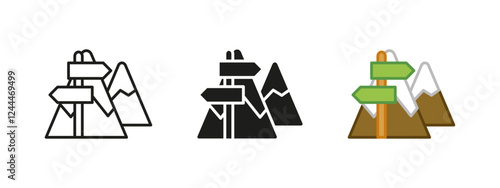 Mountain signpost icon. Navigation for hiking and outdoor adventure symbol. Directional guide for trekking and travel routes sign. Nature and tourism vector illustration. Landscape path or way marker.