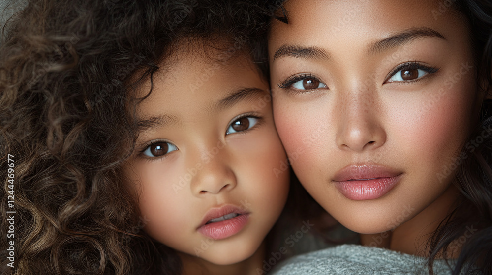Closeup of a mother and a daughter, beautiful little asian girl with curly hair hugging her mom, both of them are looking at the camera and smiling. motherhood, bonding together, realtionship. Closeup of a mother and a daughter, beautiful little asian girl with curly hair hugging her mom, both of them are looking at the camera and smiling. motherhood, bonding together, realtionship.