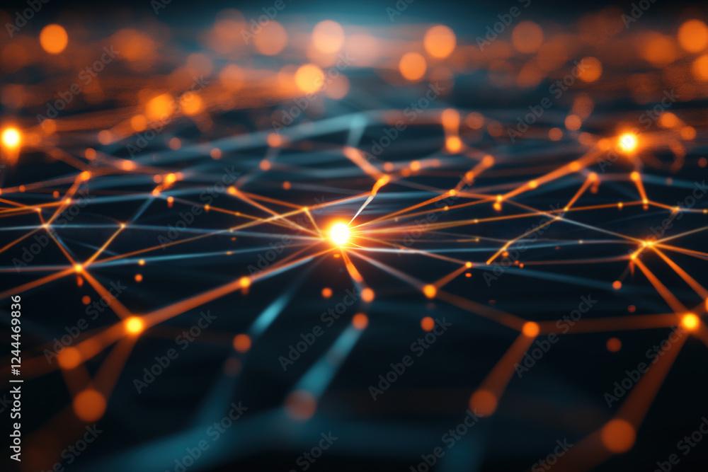 Intricate network of glowing nodes and connections illuminating a digital landscape in vibrant orange and blue shades Intricate network of glowing nodes and connections illuminating a digital landscape in vibrant orange and blue shades
