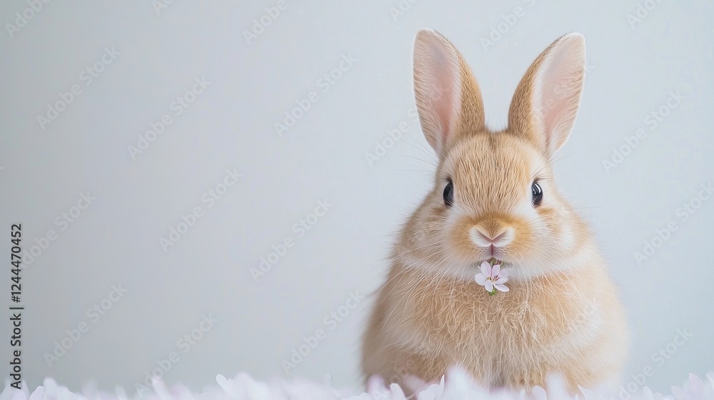 Obraz premium Cute bunny holding flower, light background, spring